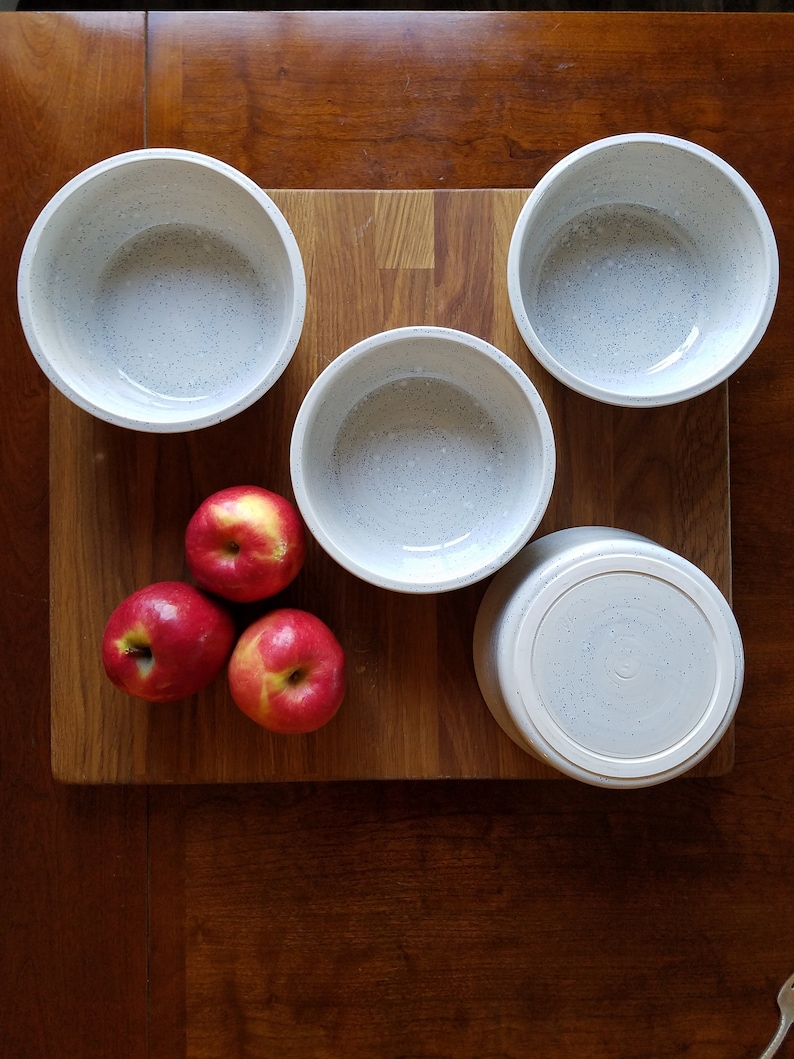 Modern Set of 4 Handmade Ceramic Pasta or Salad Bowls Oatmeal Kitchen Display Speckled White Wheel Thrown Ceramic Pottery Ramen