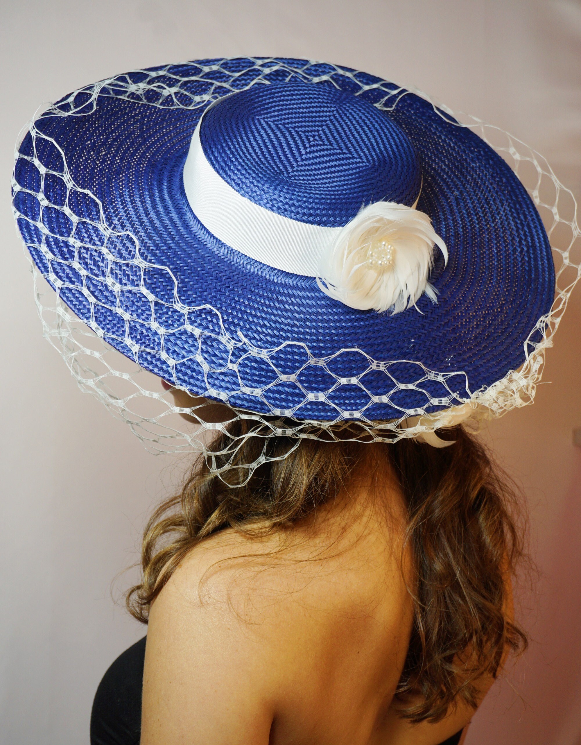 Cobalt Blue Narrow Brim Boater Hat With With Caged Veiling and White