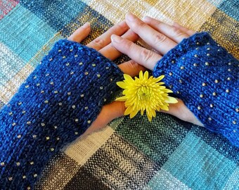 Blue Fingerless Gloves with Gold Beads, Hand Knit Fingerless Mittens, Blue and Gold