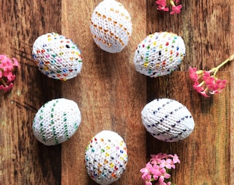 Hand Knit Set of 6 Easter Eggs with Beads, Spring Decor, Sparkley Easter Basket Decorations