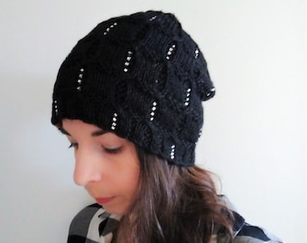 Black and Silver Winter Hat, Hand Knit Slouchy Hat with Beads, Women’s Winter Slouch Beanie