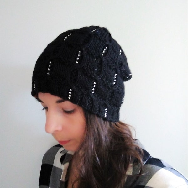 Black and Silver Winter Hat, Hand Knit Slouchy Hat with Beads, Women’s Winter Slouch Beanie