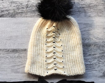 White Beanie with Black Beads, Hand Knit Winter Hat with Pom, Black and White Winter Cap