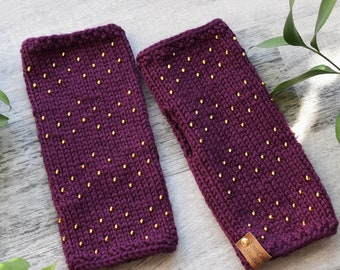 Knit Purple Fingerless Gloves with Gold Beads: Beaded Hand Warmers