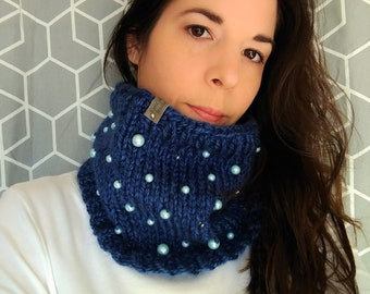 Blue Cowl Hand Knit with Bubble Beads, Womens Round Scarf, Blue Beaded Cowl