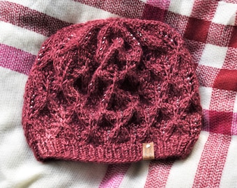 Burgundy Knit Slouchy Hat with Beads, Hand Knit Winter Slouch Beanie, Merlot Beret