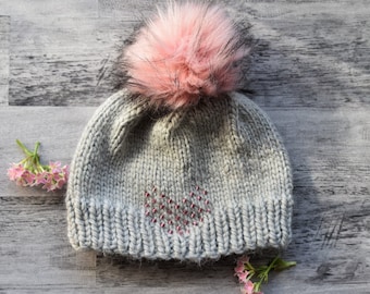 Gray Beanie with Pink Beaded Heart, Hand Knit Winter Hat with Pom Pom, Womens Winter cap