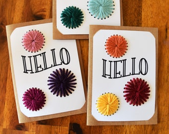 Hello Greeting Cards, Set of 3 Cards, Yarn String Decoration, Crafter Card, Blank Inside