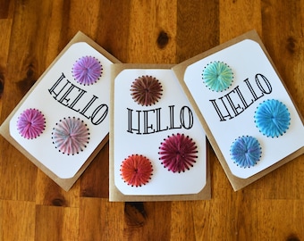 Hello Greeting Cards, Set of 3 Cards, Yarn String Decoration, Crafter Card, Blank Inside