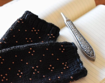 Hand Knit Black Fingerless Gloves with Bronze Colored Beads, Fingerless Mittens with Beaded Argyle Design