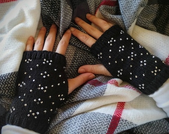 Black Fingerless Gloves with Silver Argyle Bead Design, Hand Knit Mits, Beaded Fingerless Mittens