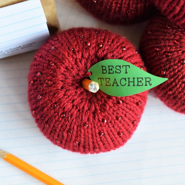 Best Teacher Gift, Hand Knit Red Apple with Beads, Schools Out, Graduation, Teacher Appreciation