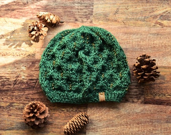 Green Slouchy Hat with Gold Beads, Adult Winter Slouch Beanie, Hand Knit Beret with Beads