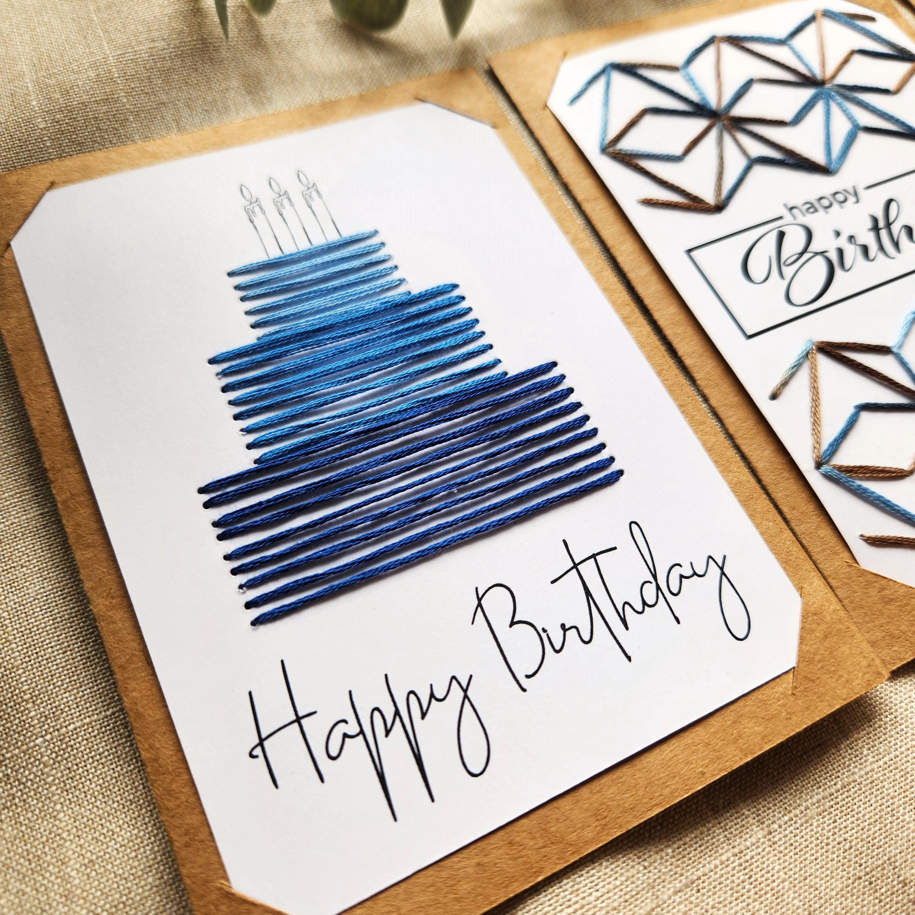 Embroidered Birthday Card Set: Finished or DIY Kit, Handmade Paper ...
