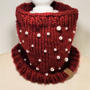 Hand Knit Red Cowl with White Beads: Bulky Acrylic Neck Warmer