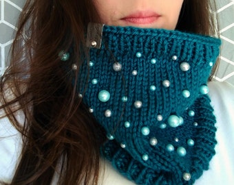 Hand Knit Beaded Cowl: Teal or Purple Acrylic Neck Warmer