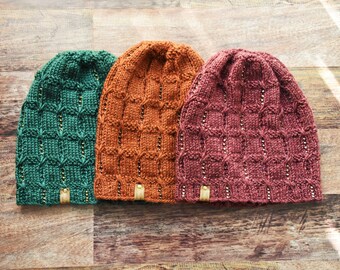 Hand Knit Slouchy Hat with Beads, Women’s Winter Slouch Beanie, Green, Orange, Burgundy Winter Hat