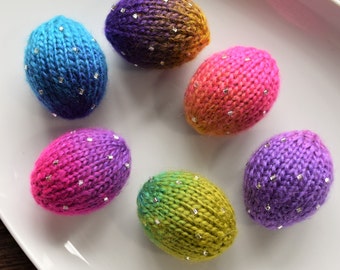 6 Rainbow Easter Eggs with Beads, Ombre Easter Eggs,  Hand Knit Spring Decor, Sparkley Easter Basket Decorations, Easter Decor