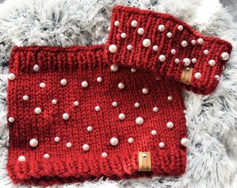 Red Cowl Knit with White Bubble Beads, Womens Round Scarf, Hand Knit Bulky Neckwarmer