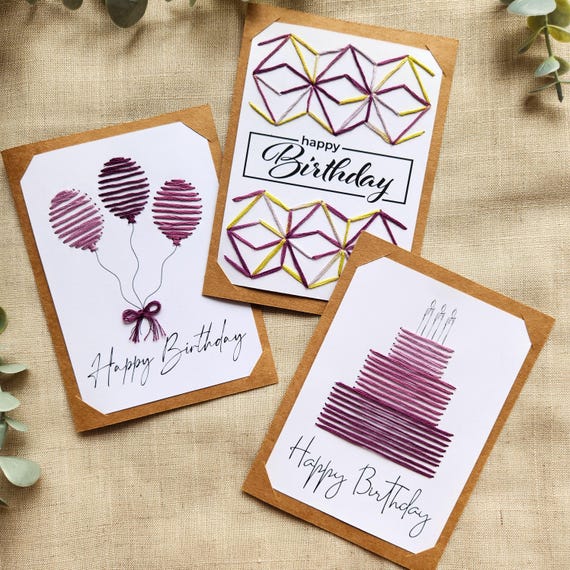 Embroidered Birthday Card Set: Finished or DIY Kit, Handmade Paper Cards