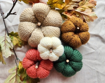 May include: A collection of five knitted pumpkins in beige, mustard yellow, cream, terracotta, and dark green. Each pumpkin features a smooth knit texture, a rounded shape with segmented sections, and a small wooden stick serving as a central stem.