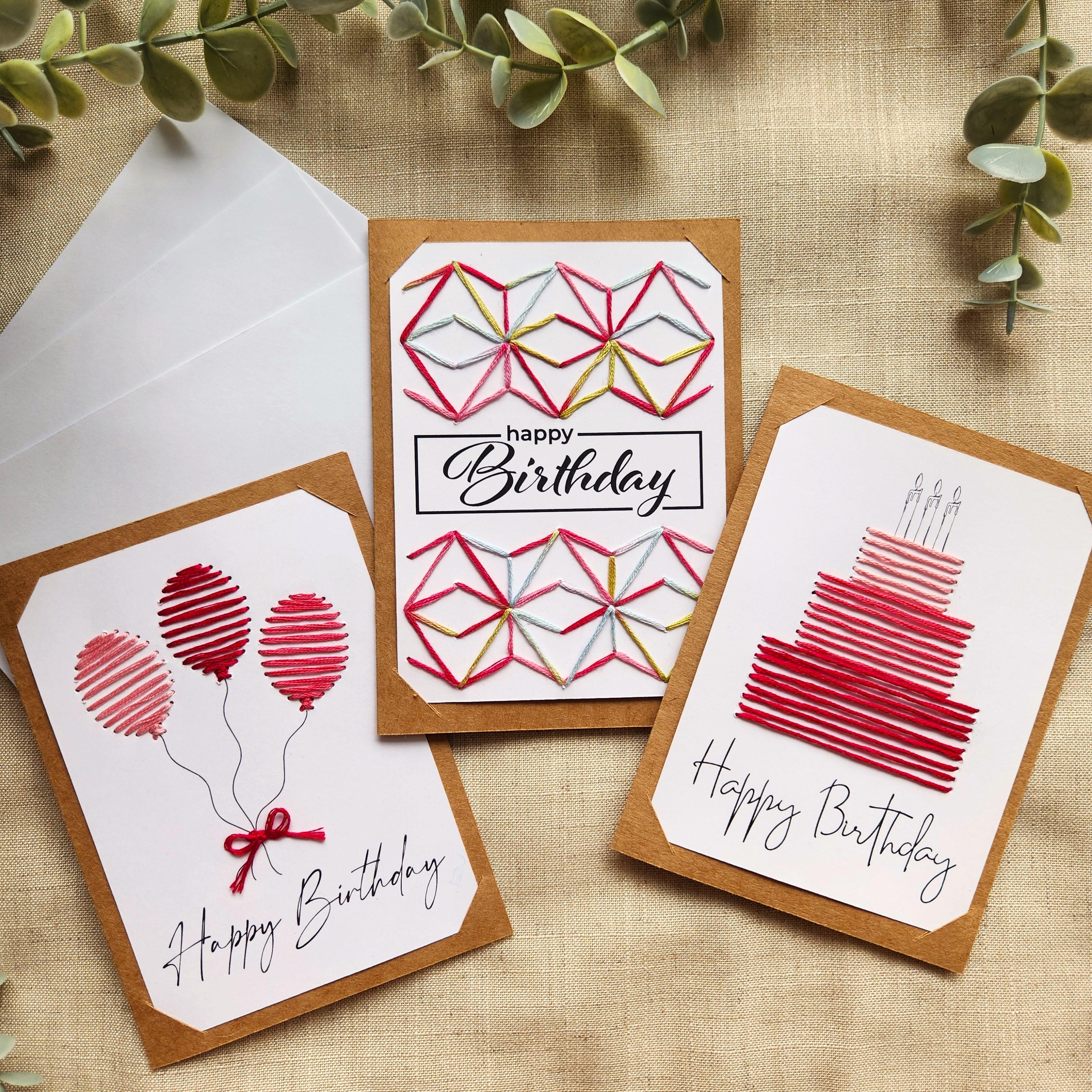 Embroidered Birthday Card Set: Finished or DIY Kit, Handmade Paper ...