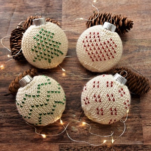 Hand Knit Beaded Christmas Ornaments - Rustic Shabby Chic Set of 4