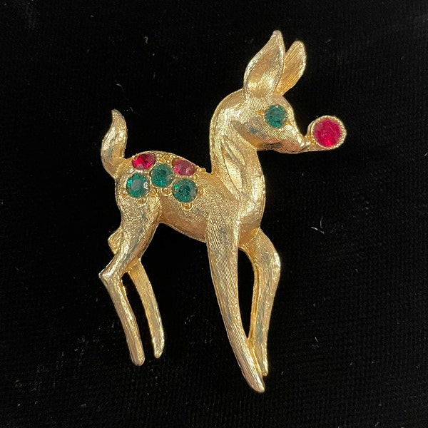 Vintage Christmas Rudolf the Red Nosed Reindeer Brooch Gold Tone and Jeweled