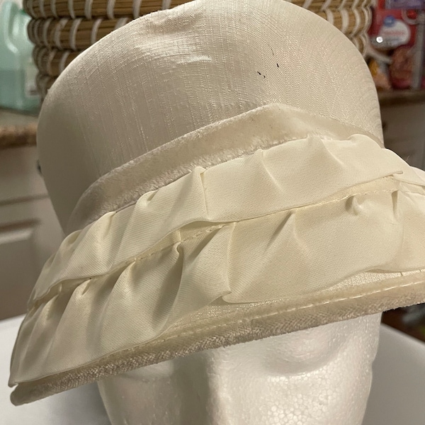 Vintage Ladies Cream White Hat with Velvet Rim Two Layers of Ruffles Around Rim and Bow in Back 1960's