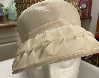 Vintage Ladies Cream White Hat with Velvet Rim Two Layers of Ruffles Around Rim and Bow in Back 1960's