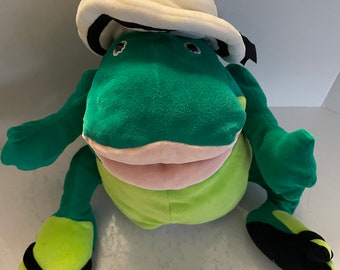 Vintage Manhattan Toy Co. Plush Spotted Green Frog Hand Puppet with Hat and Flip Flops 13-inch 1999