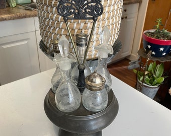 Vintage Victorian Silver Plate Cruet Set with Glass Bottles