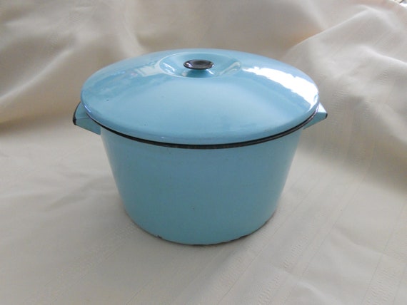 Vintage Enamelware Large Lidded Cooking Kettle Pot Light Blue Teal Color  With Black Trim Accents 6 in Tall by 10 in Diameter UNIQUE COLOR 