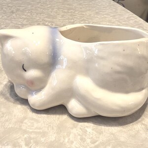 May include: A white ceramic planter shaped like a sleeping cat with a glossy finish. The cat has closed eyes, a small pink cheek detail, and a soft blue accent around the neck area. The top of the cat's back features an open cavity for plants.