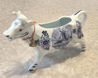 DBL Delft Holland Cow Creamer Hand Painted Windmill and Floral Scenes 1978