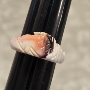 May include: A carved ring featuring a smooth, multi-toned surface with shades of cream, soft peach, and deep brown. The band displays intricate, textured geometric patterns and linear engravings that wrap around the circumference of the ring.