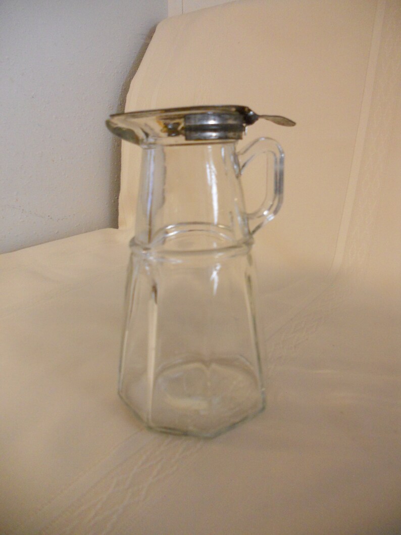 Vintage Glass Syrup Pitcher With Metal Slide Flip Lid 6 Inch Etsy