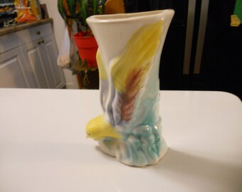 Vintage Wall Pocket Vase Planter Bird Design Colorful 7.5 inch Tall