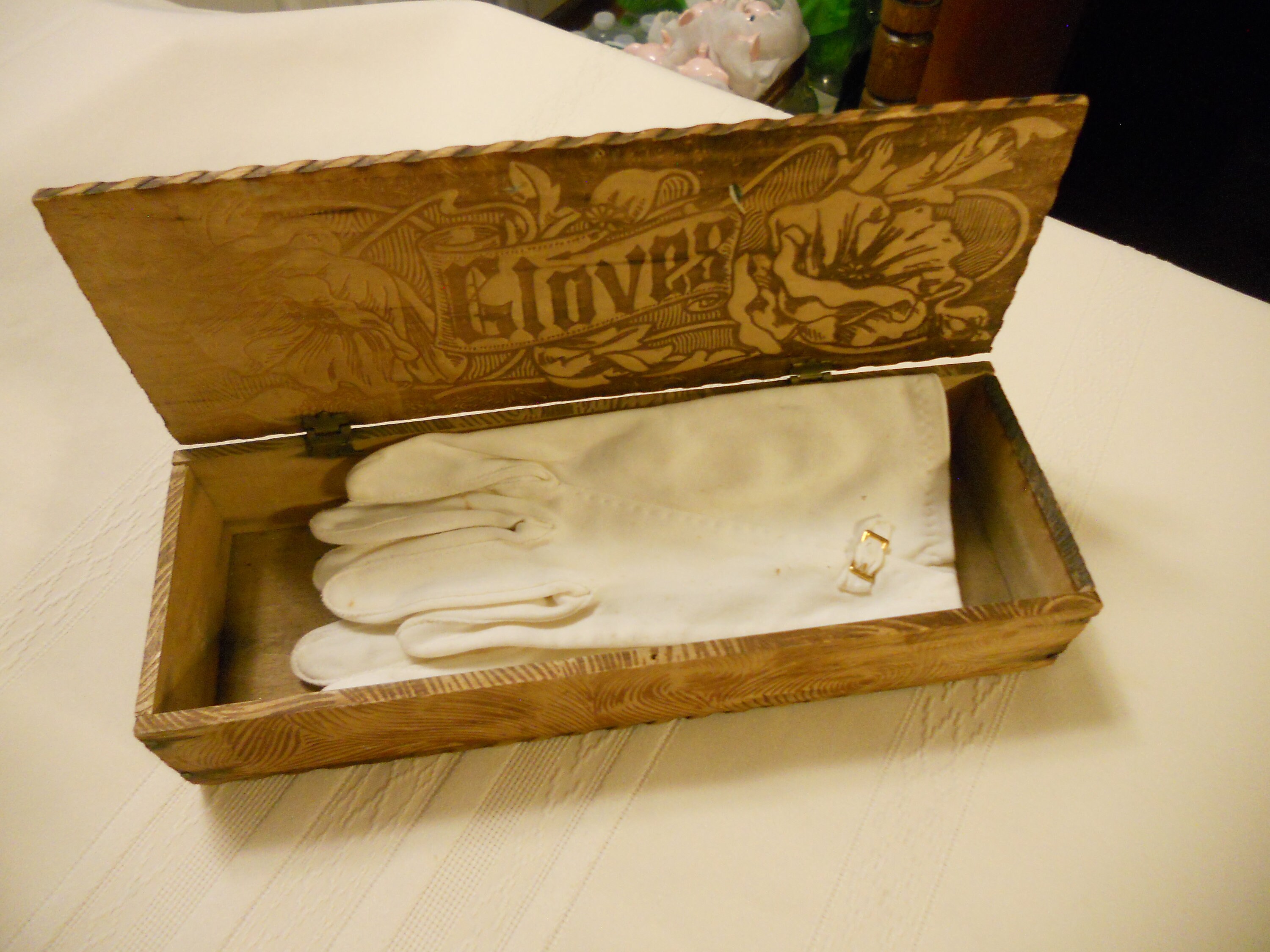 Vintage Hand Tooled Wood Hinged Ladies Glove Box with White Etsy
