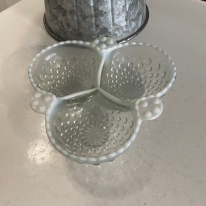 Fenton Moonstone Opalescent Hobnail 3 Section Dish for Condiments, Candy, Trinkets, Rinds and More