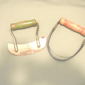 Pair of Primitive Kitchen Tools or Gadgets Red and Green Wood Handles Pastry Blender and Scraper