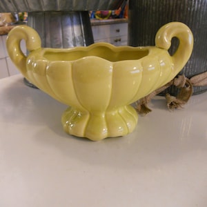 May include: A pale yellow ceramic planter with a scalloped rim and base, featuring two curved handles. The planter is on a white surface, with a galvanized metal container in the background.