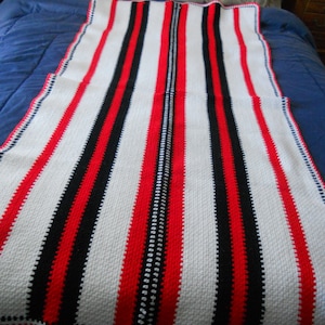 Vintage Handmade Crochet Afghan Blanket Throw 69x35&quot; Red White & Black