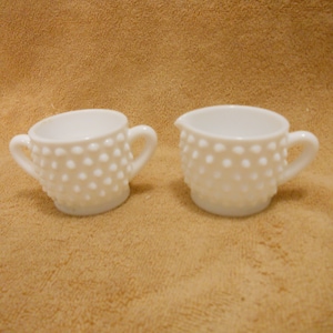 Vintage Fenton Hobnail Milk Glass Small Cream and Sugar Set Unmarked Beautiful Shine!