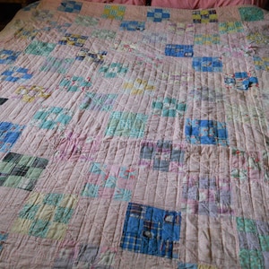 Vintage Well Worn Loved and Used Home Made Pieced Quilt Pink,Green,Blue,Purple Multi Color 68.5 x 92 Inch