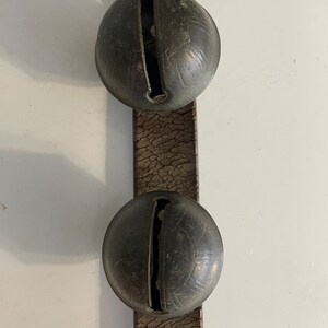 Old Leather Strap with 5 Brass Sleigh Bells 1.75 to 2-inch in Diameter
