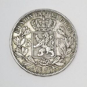 1870 Antique Silver Coin, 5 Francs of King Leopold II Roi Des Belges - Belgium