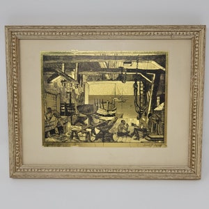 Old Boat Works - by Lional Barrymore.  1940&#39;s Vintage Gold Foil Etching