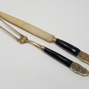 Antique Bronze Rosewood SIAM Carving Set:  Serving Fork and Carving Knife, Sterling Silver