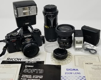 Classic RICOH KR-10 Super 35mm SLR Camera W Rikenon 100mm, 50mm, 28mm Lenses with extras (9 Piece) Set